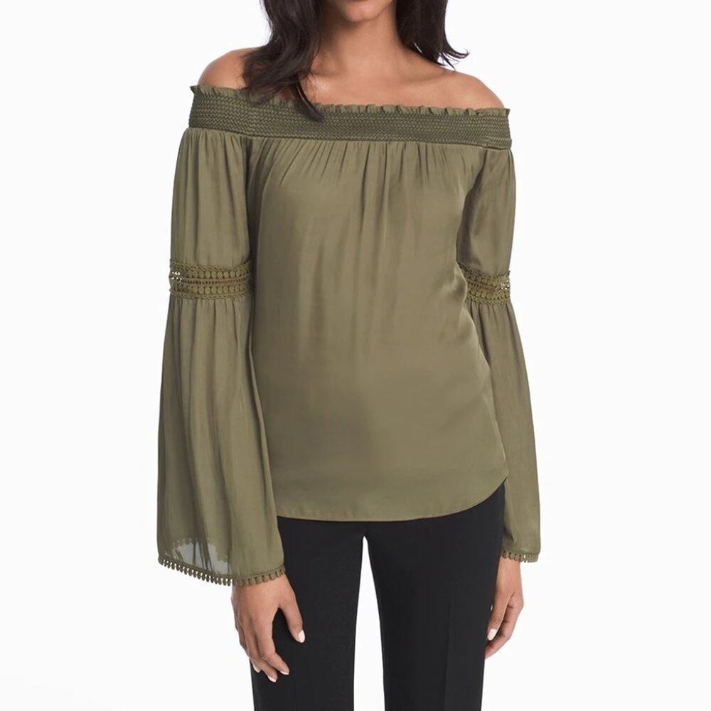WHBM Boho Off-The-Shoulder Lace Trim Olive Green Blouse Size L 🫒✨🌿